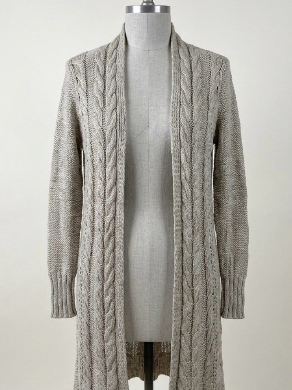 Max Studio Cable Knit Open-Front Long Cardigan - Taupe
